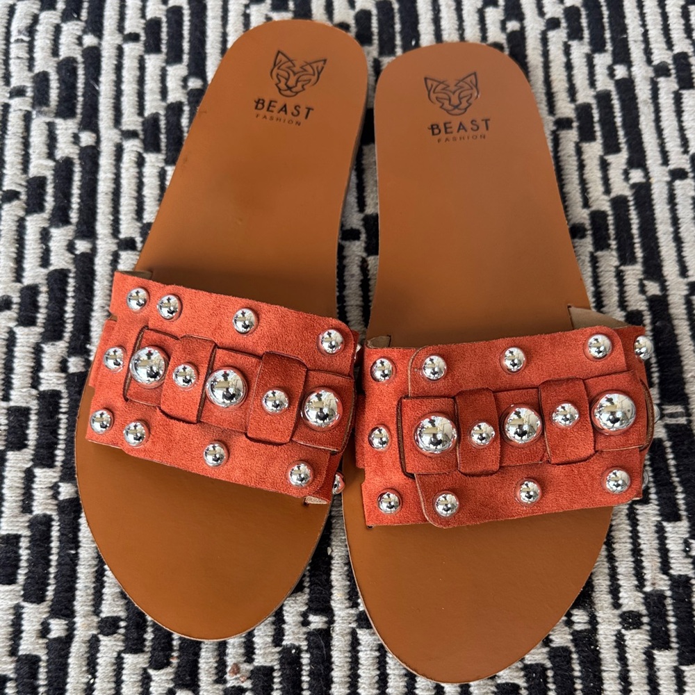 BEAST FASHION Orange Studded Slide Sandals